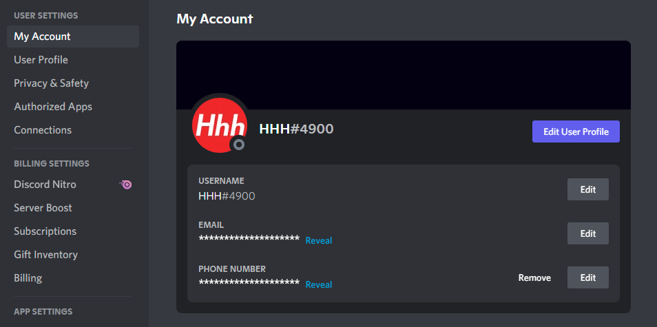 Screenshot of Discord My Account screen