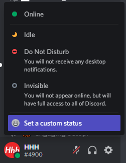 Screenshot of Discord options for online status