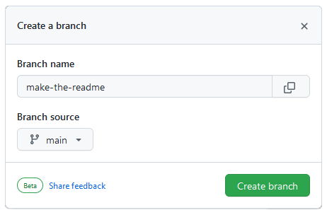 Screenshot: Github create a branch dialogue