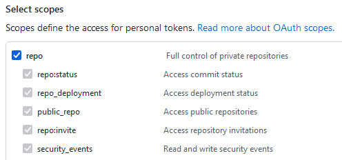 Cropped screenshot of the personal access token Scope selection options on GitHub.
