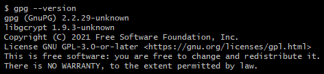 Screenshot showing output from gpg --version command