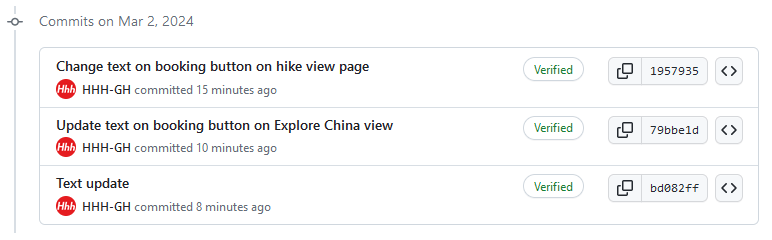 Screenshot of a list of commits in GitHub, with the Verified tag by each