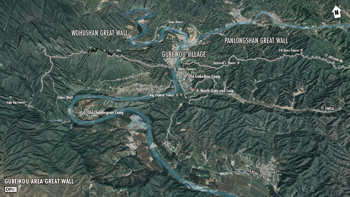 A map that shows an overall view of the the Gubeikou Great Wall in north-east Beijing.