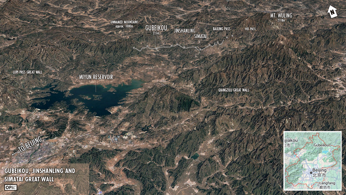A map that shows the position of the Gubeikou Great Wall, Jinshanling Great Wall, and Simatai Great Wall in north-east Beijing.