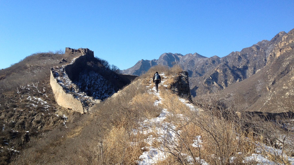 Hikers on the Great Wall in winter