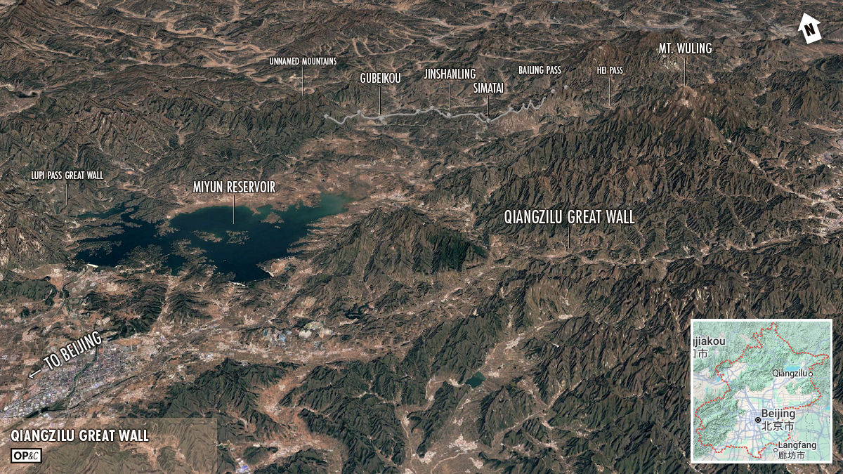 A map of north-eastern Beijing that shows the location of the Qiangzilu Great Wall